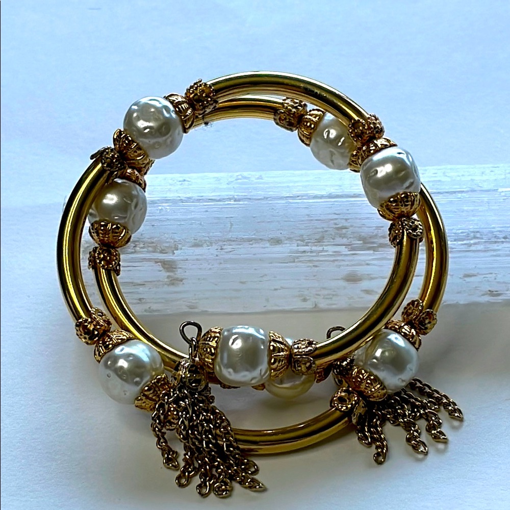 Vintage Miriam Haskell Baroque Pearl Gold Tone Tassels Coil Wrap Bracelet